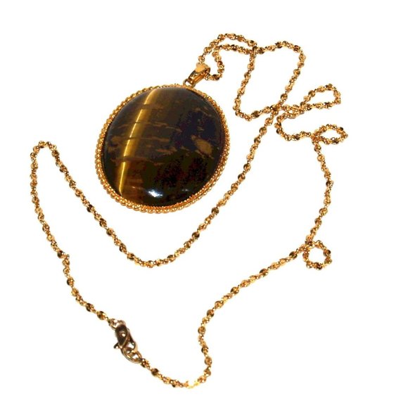 19" Gold Plated Necklace with Oval Tiger Eye Pendant - Picture 3 of 7